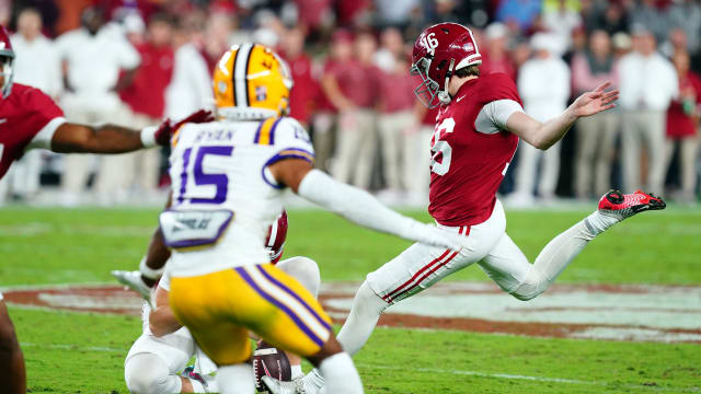 Nov 4, 2023; Tuscaloosa, Alabama, USA; Alabama Crimson Tide place kicker Will Reichard (16) attempts a field goal against the LSU Tigers during the second quarter at Bryant-Denny Stadium.